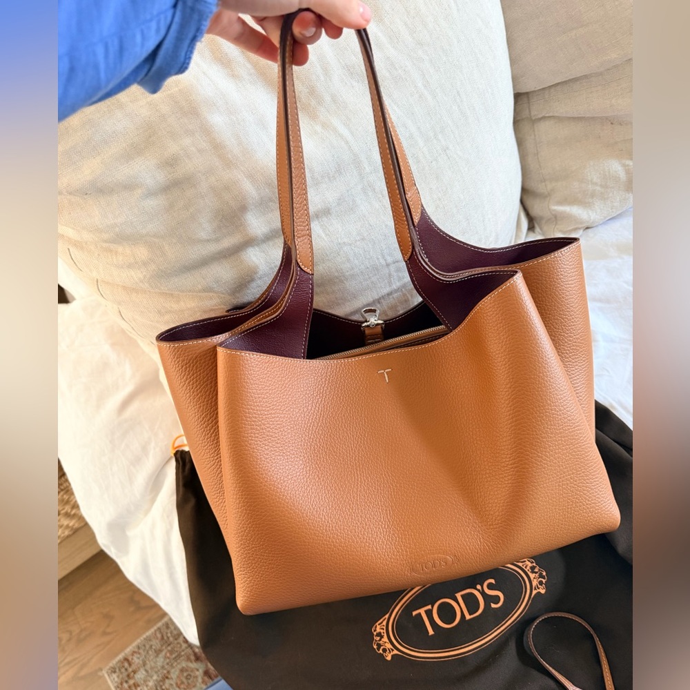 Tod's Tan Leather Tote with Burgundy Interior Trim